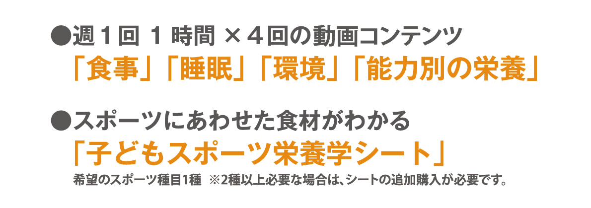 ・週１回 1時間×４回のワークショップ「食事」「睡眠」「環境」「能力別の栄養」
・スポーツにあわせた食材がわかるオリジナルの「子どもスポーツ栄養学シート」
希望のスポーツ種目1種　※2種以上必要な場合は、シートの追加購入が必要です。